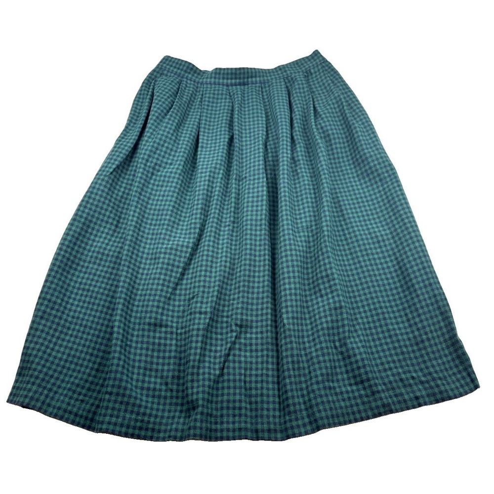 Vintage Orvis Green Blue Gingham Plain Cotton Flannel Maxi Skirt Size 18 Pockets